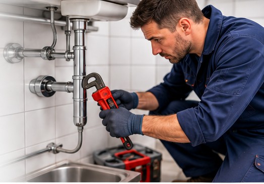 Profesyonel tesisatçı lavabo altı tesisat tamiri yapıyor